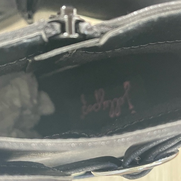 Black leather heeled combat boots with a square toe and silver buckle - Picture 5 of 6